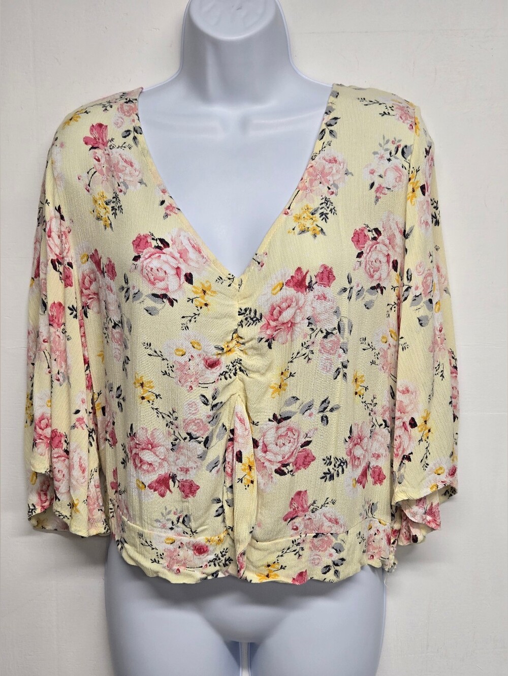 Almost Famous XL Floral Top Flutter Sleeve Smocked Waist Front Cropped Tie